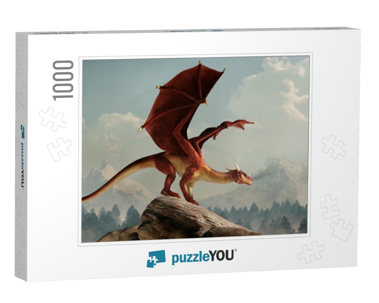 A Huge Red Dragon is Perched on a Stone Covered Hill. Its... Jigsaw Puzzle with 1000 pieces