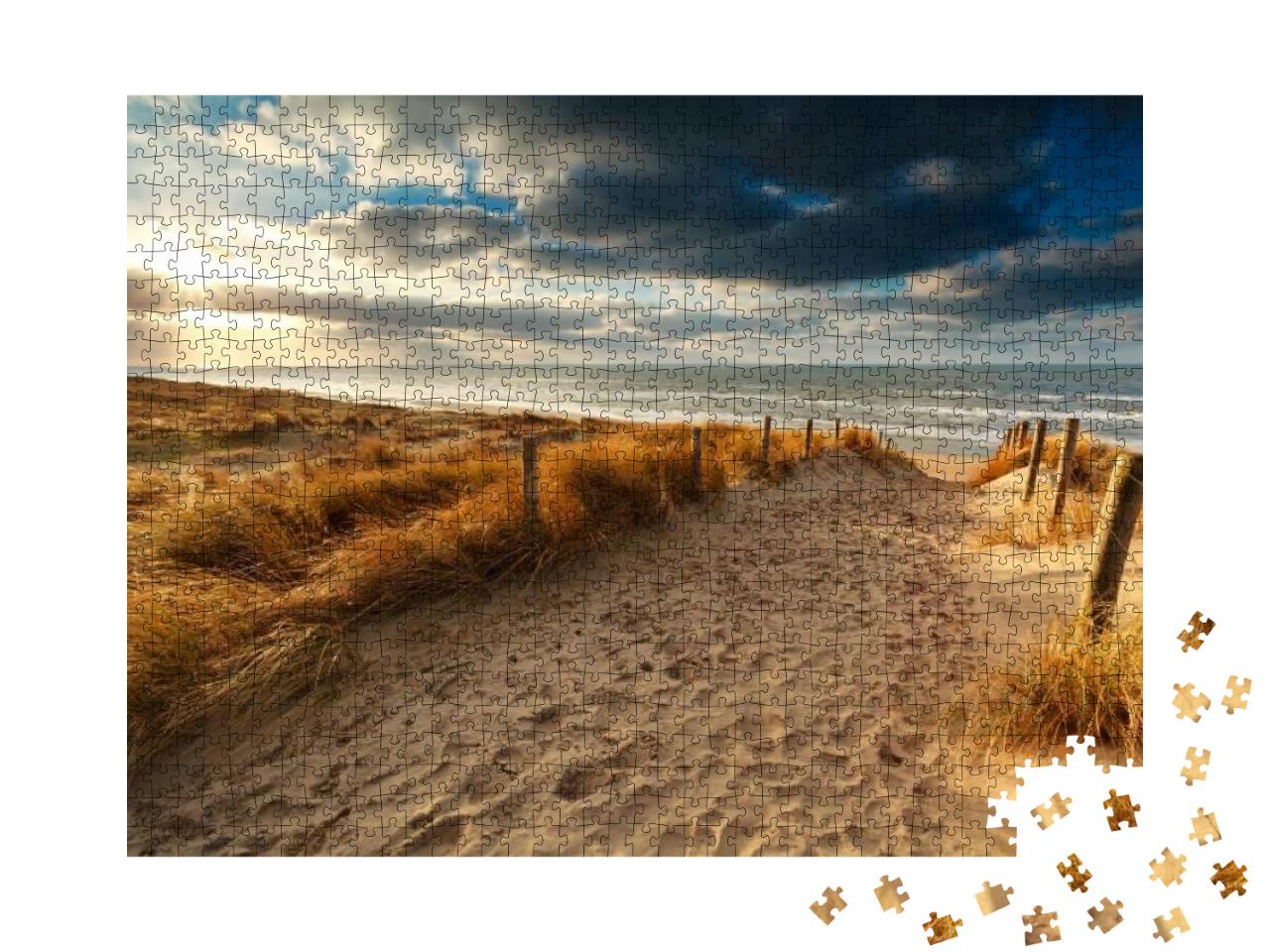 Sunset Over Sand Path to North Sea, Holland... Jigsaw Puzzle with 1000 pieces