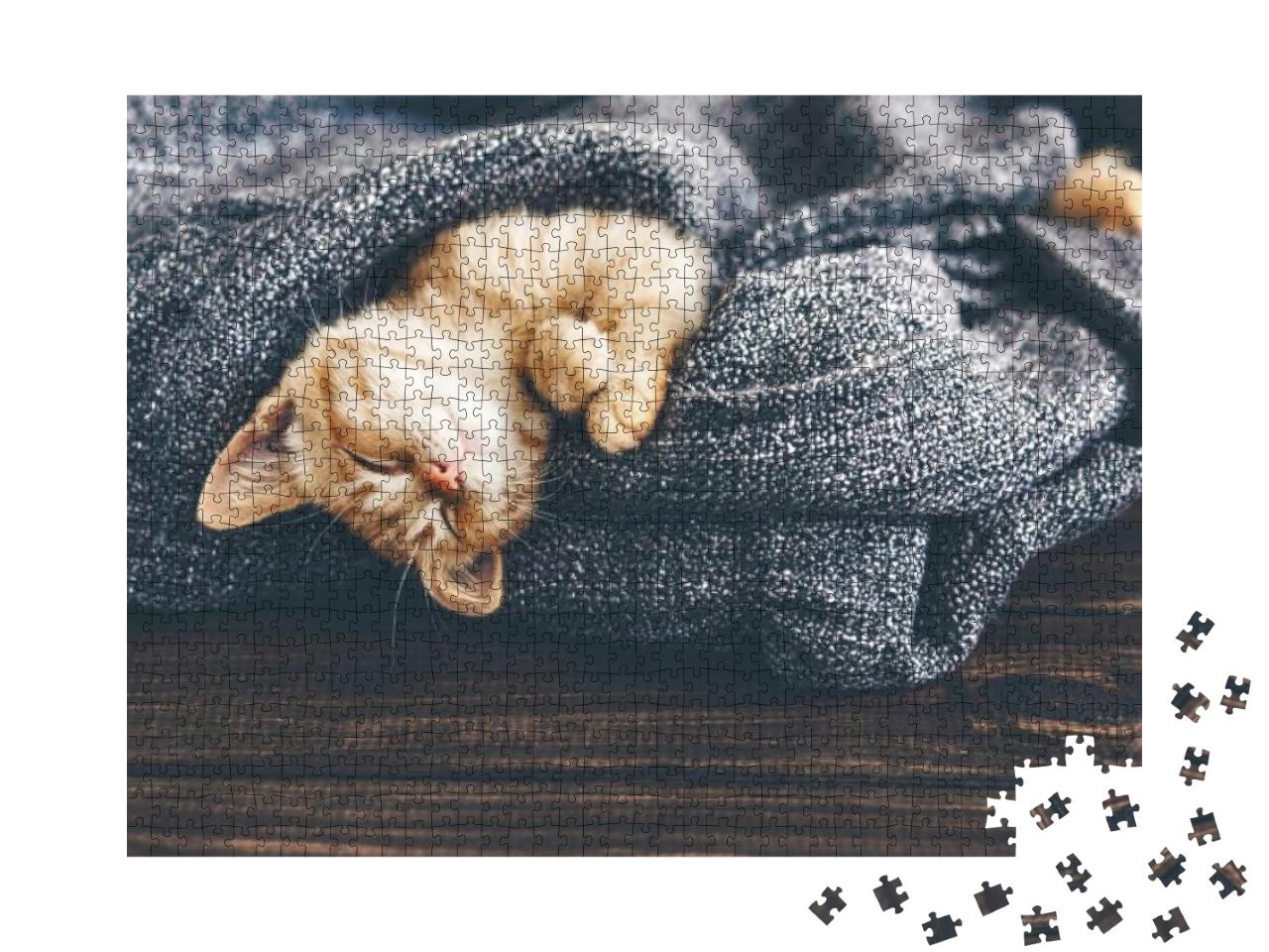 Cute Little Ginger Kitten is Sleeping in Soft Blanket on... Jigsaw Puzzle with 1000 pieces