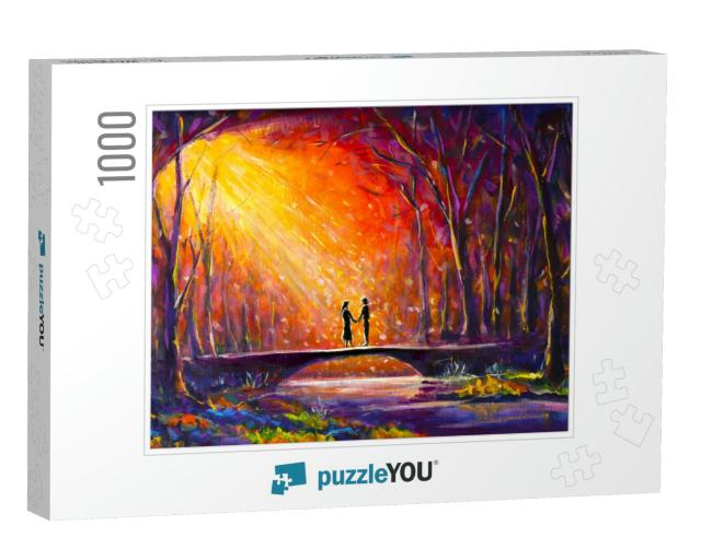 Original Oil Painting Lovers on Bridge in Forest At Night... Jigsaw Puzzle with 1000 pieces