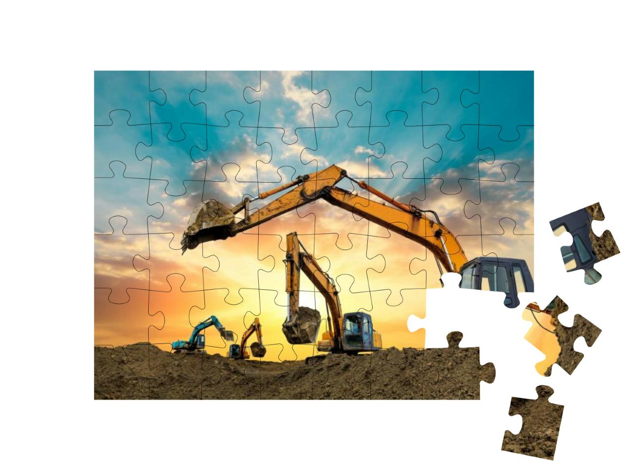 Four Excavators Work on Construction Site At Sunset... Jigsaw Puzzle with 48 pieces