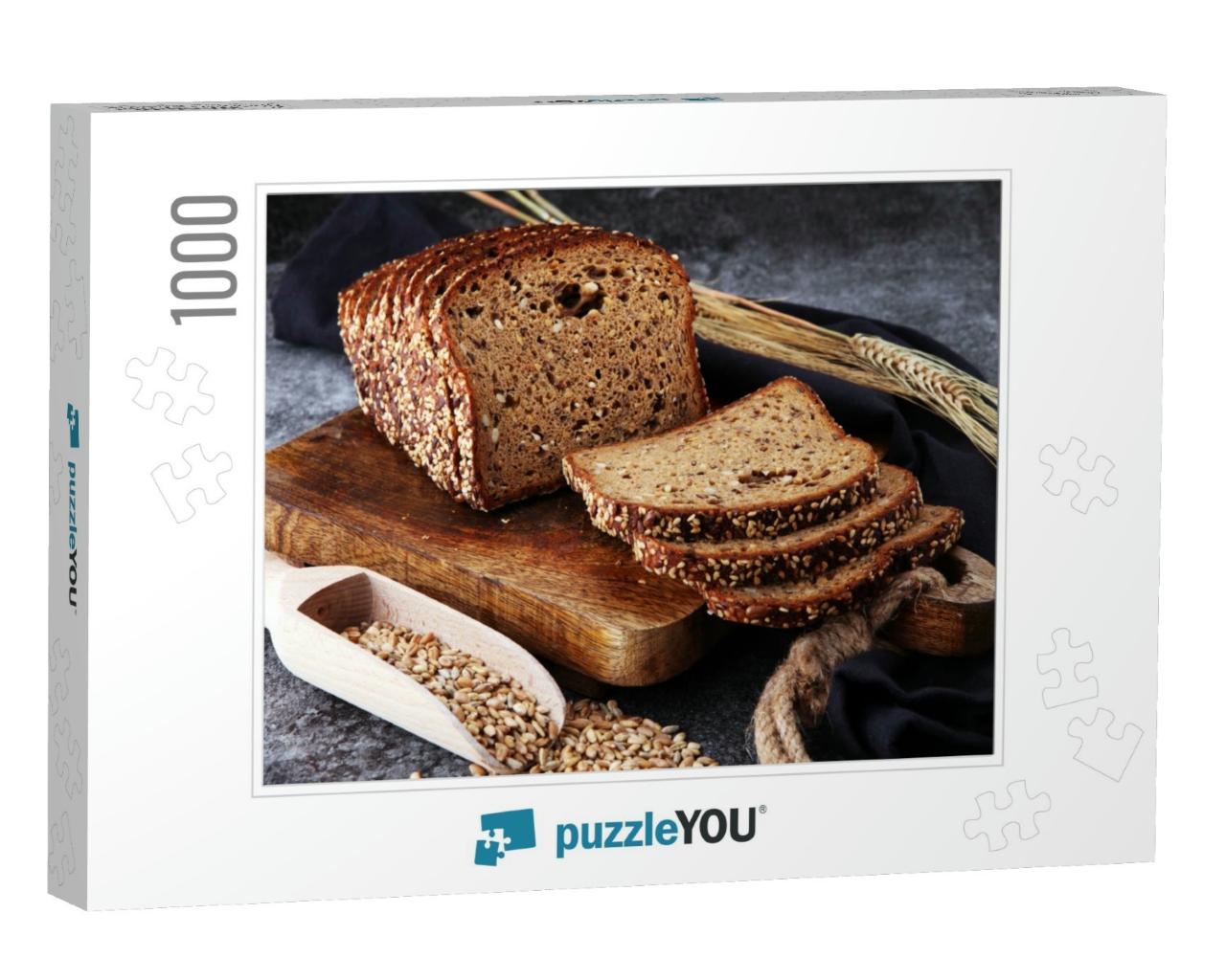 Sliced Rye Bread on Cutting Board. Whole Grain Rye Bread... Jigsaw Puzzle with 1000 pieces