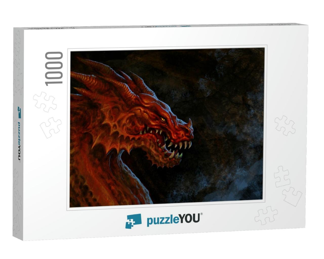 Fantasy Red Dragon Head - Digital Illustration... Jigsaw Puzzle with 1000 pieces