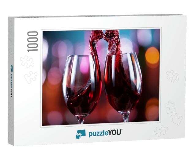 Two Glasses of Red Wine Hitting Each Other, Blur Bottles... Jigsaw Puzzle with 1000 pieces