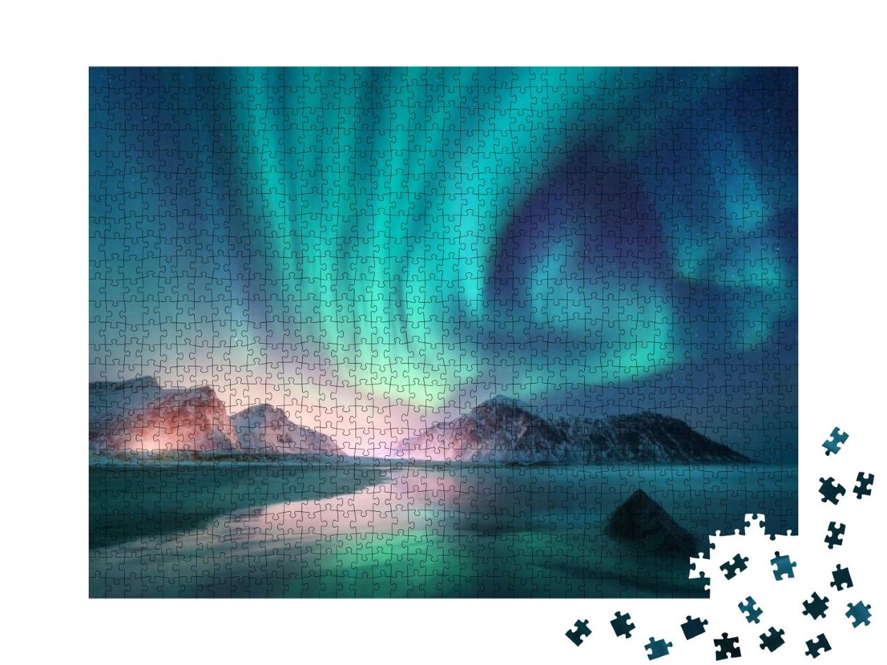 Aurora Borealis Over the Sea, Snowy Mountains & City Ligh... Jigsaw Puzzle with 1000 pieces