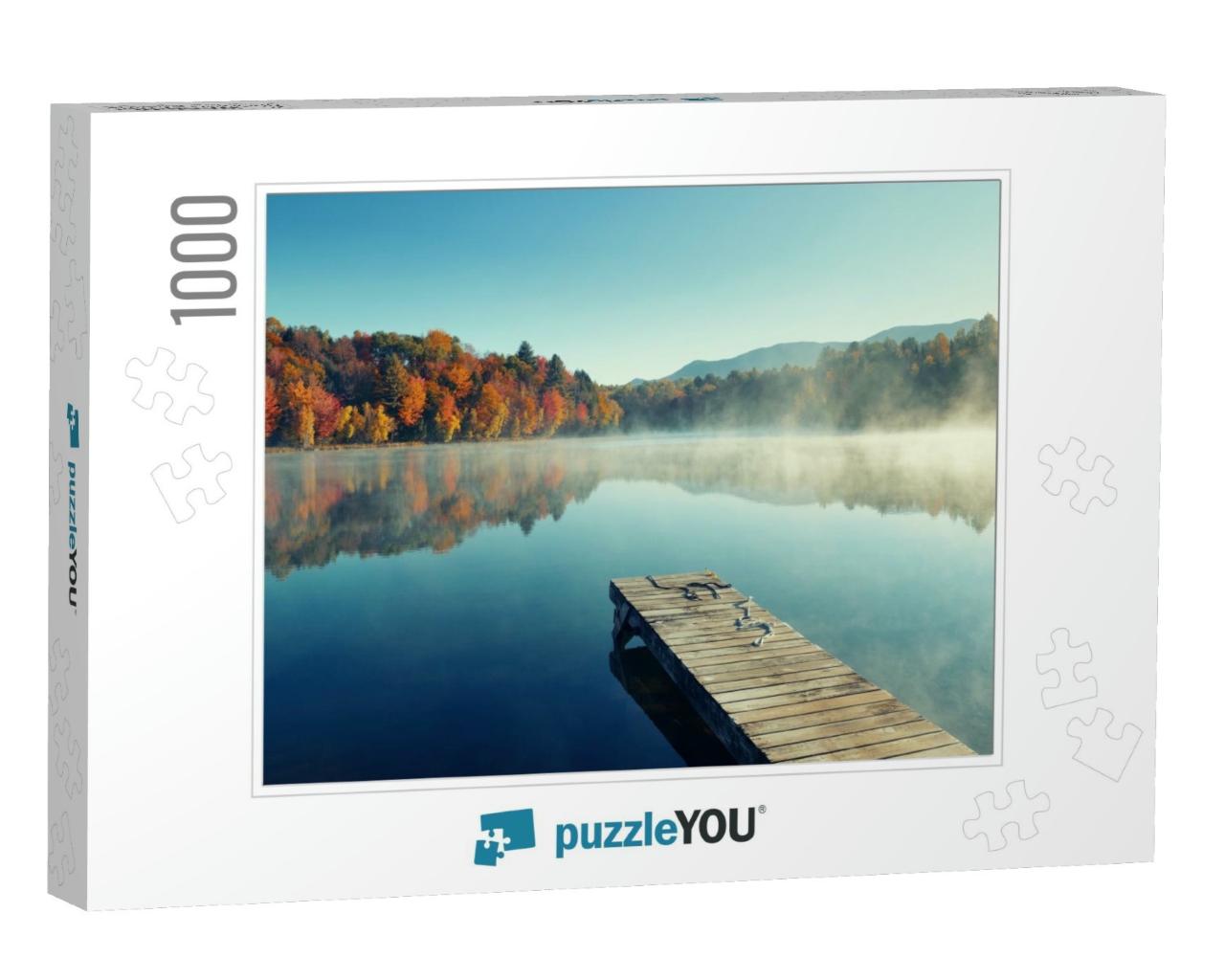 Autumn Foliage & Fog Lake in Morning with Boat Dock... Jigsaw Puzzle with 1000 pieces