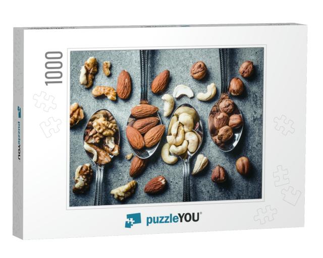 Walnuts, Hazelnuts, Almonds & Cashew on Metal Silver Spoo... Jigsaw Puzzle with 1000 pieces