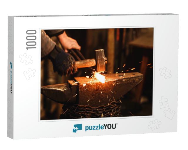 The Blacksmith Manually Forging the Red-Hot Metal on the... Jigsaw Puzzle with 1000 pieces