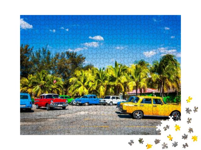 Colorful Old American / Russian Vintage Cars Parked Near... Jigsaw Puzzle with 1000 pieces