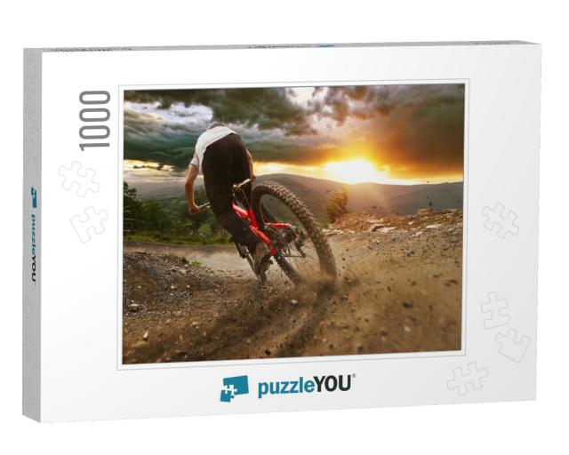 Man on Mountain Bike Rides on the Trail on a Stormy Sunse... Jigsaw Puzzle with 1000 pieces