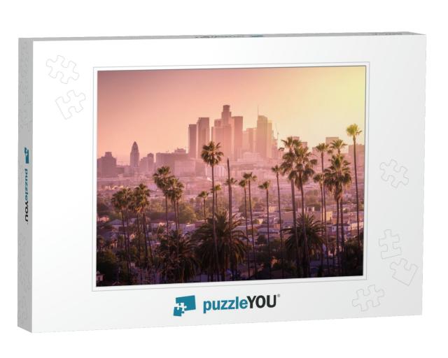 Beautiful Sunset of Los Angeles Downtown Skyline & Palm T... Jigsaw Puzzle