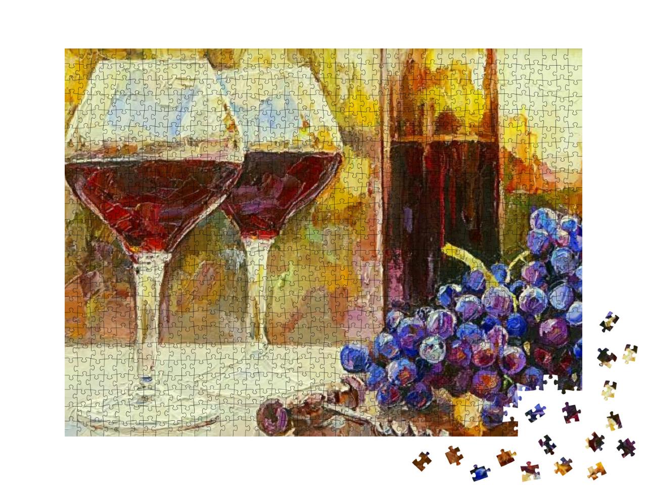 Still Life with a Bottle of Red Wine & Grape At the Sunse... Jigsaw Puzzle with 1000 pieces