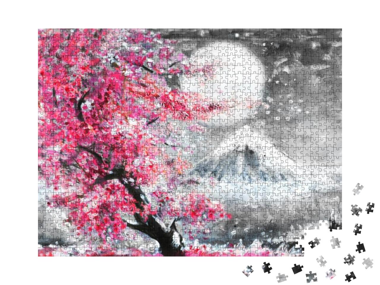 Oil Painting Landscape with Sakura & Mountain, Hand Drawn... Jigsaw Puzzle with 1000 pieces