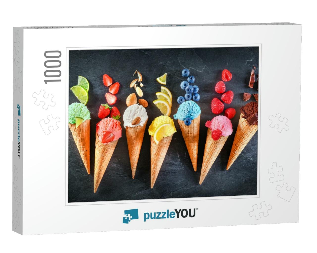 Assorted of Ice Cream Scoops with Cones in Row on Black B... Jigsaw Puzzle with 1000 pieces