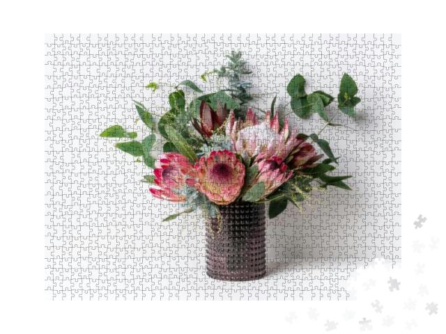 A Elegant Floral Arrangement in a Rustic Brown Vase on a... Jigsaw Puzzle with 1000 pieces