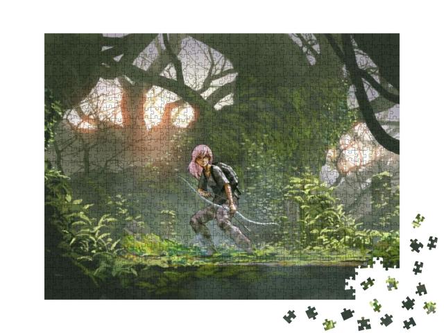 Adventure Girl Holding a Bow in the Forest, Digital Art S... Jigsaw Puzzle with 1000 pieces
