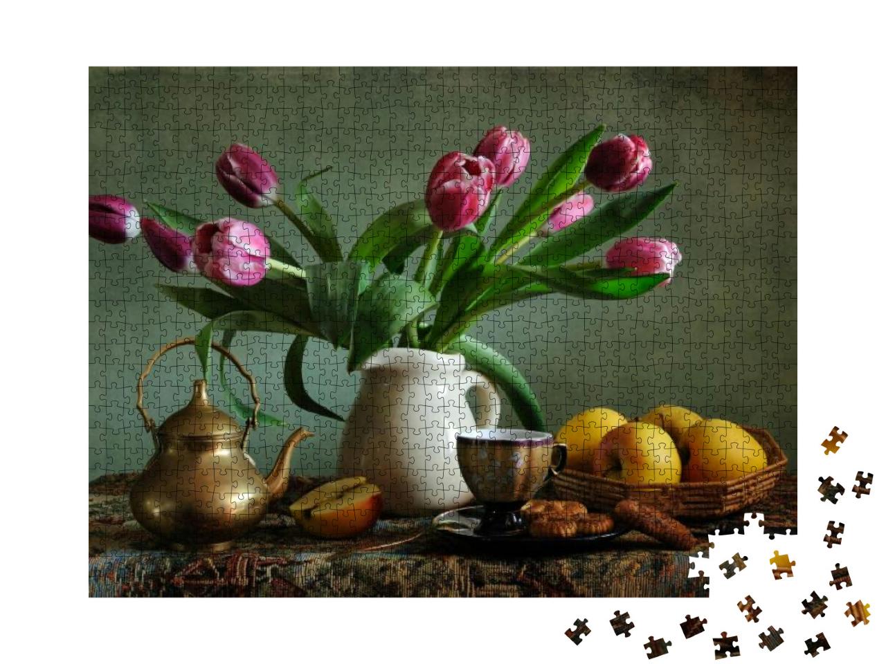 Still Life with Pink Tulips & Apples... Jigsaw Puzzle with 1000 pieces