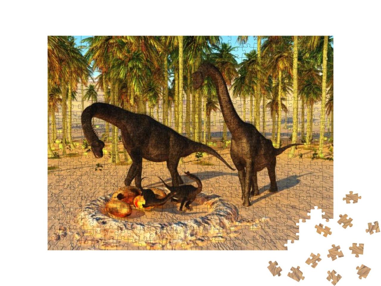 Dinosaur Baby Nest 3D Illustration - Two Brachiosaurus Pa... Jigsaw Puzzle with 500 pieces