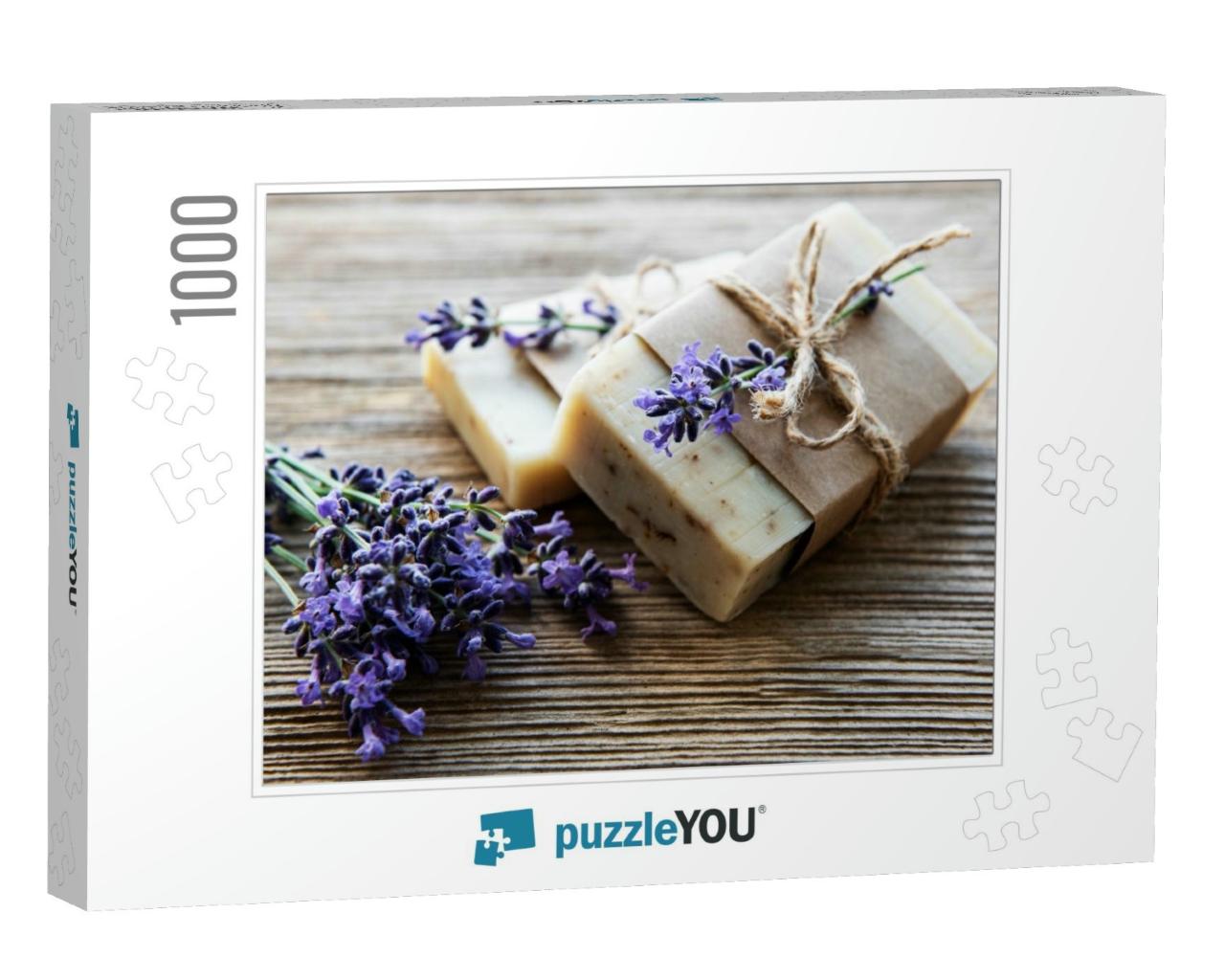 Bars of Handmade Soap with Lavender Flowers Over Wood Gru... Jigsaw Puzzle with 1000 pieces