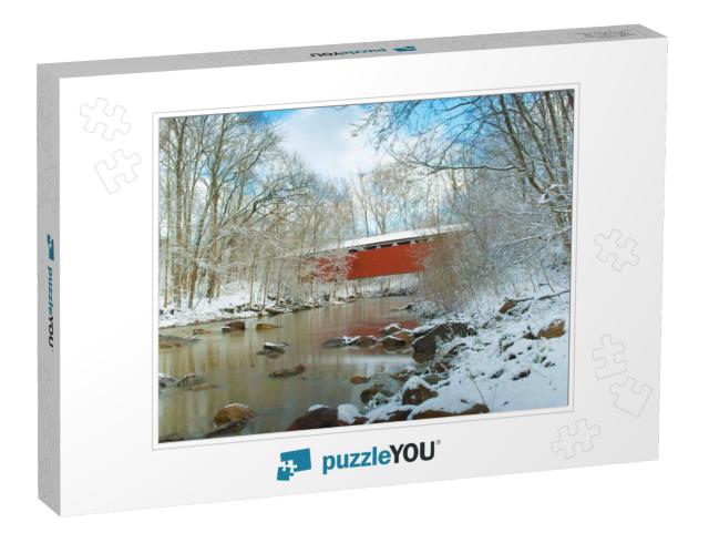 Everett Covered Bridge in the Winter. Located in Cuyahoga... Jigsaw Puzzle