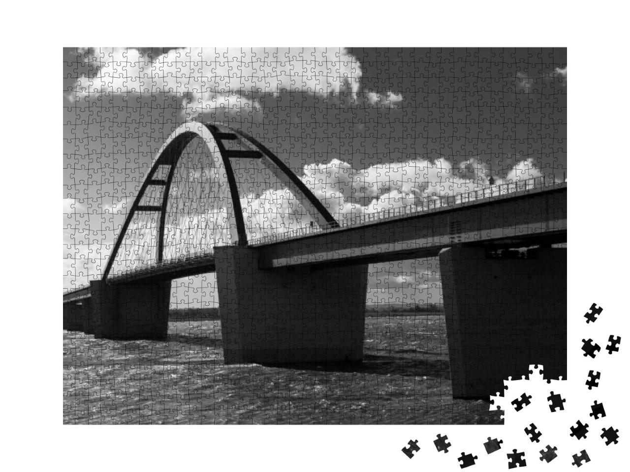 A Monochrome Photo of the Fehmarn Sound Bridge Which Conn... Jigsaw Puzzle with 1000 pieces