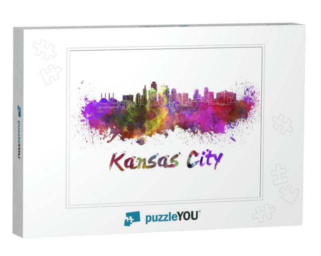 Kansas City Skyline in Watercolor Splatters with Clipping... Jigsaw Puzzle