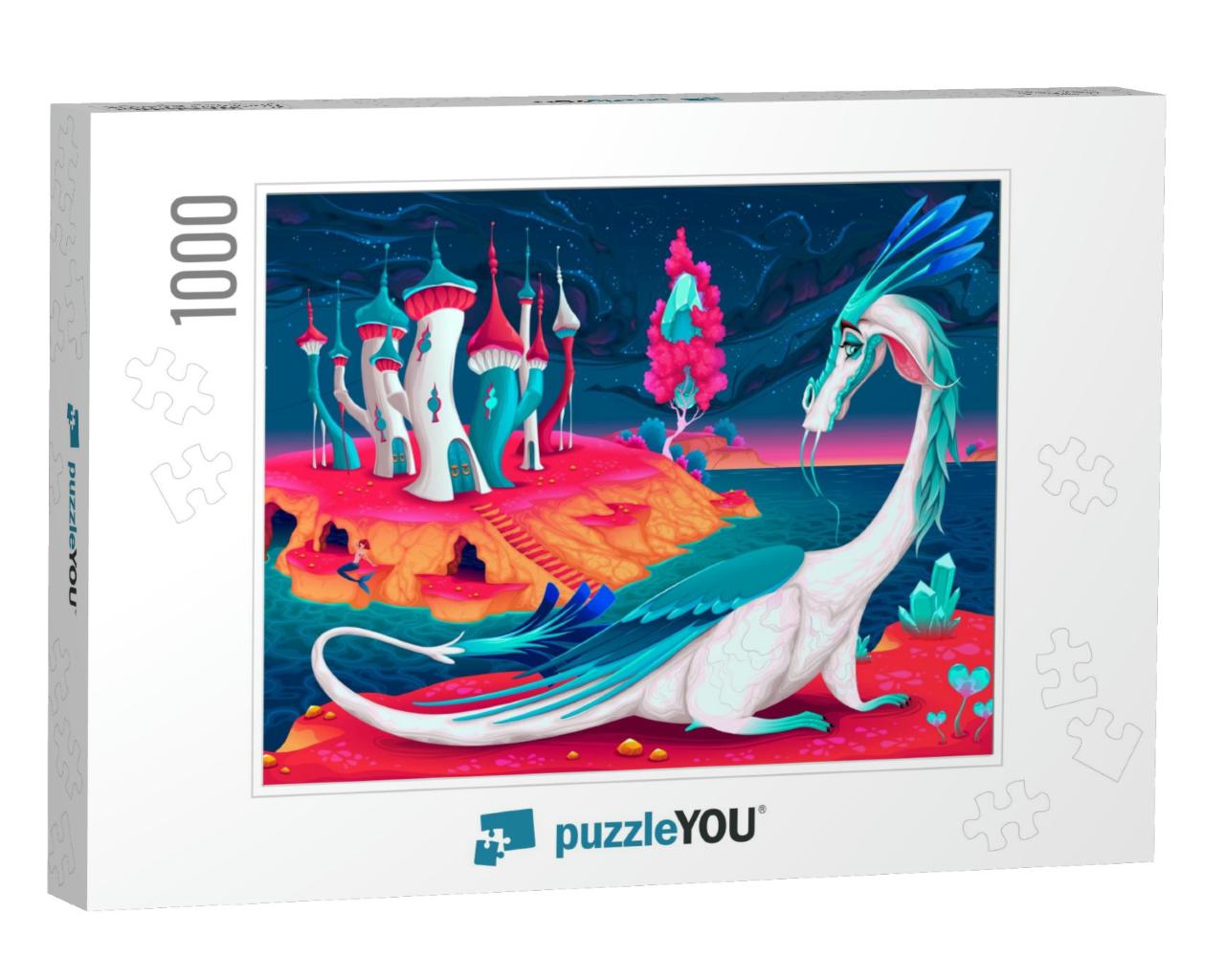 Cartoon Dragon in a Fantasy World. Vector Illustration... Jigsaw Puzzle with 1000 pieces