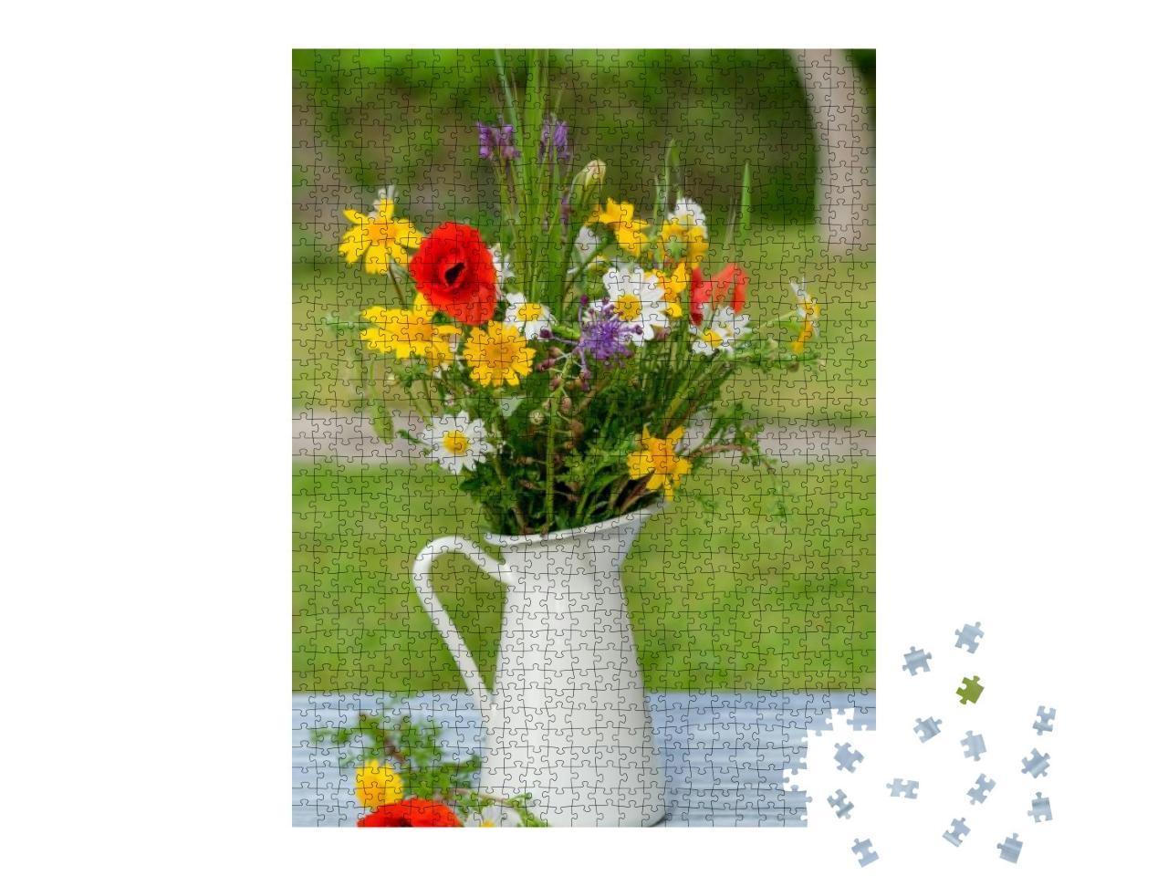 Wild Flower Bouquet in White Jug on Blue Vintage Wooden T... Jigsaw Puzzle with 1000 pieces