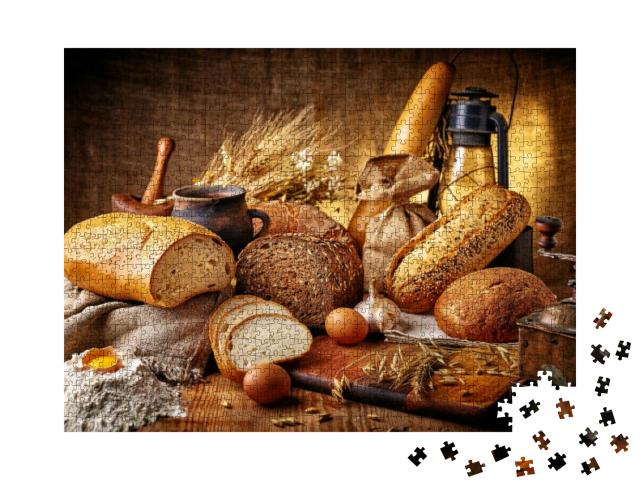 Country Still Life with Bread, Cheese, Mushrooms & Wine i... Jigsaw Puzzle with 1000 pieces