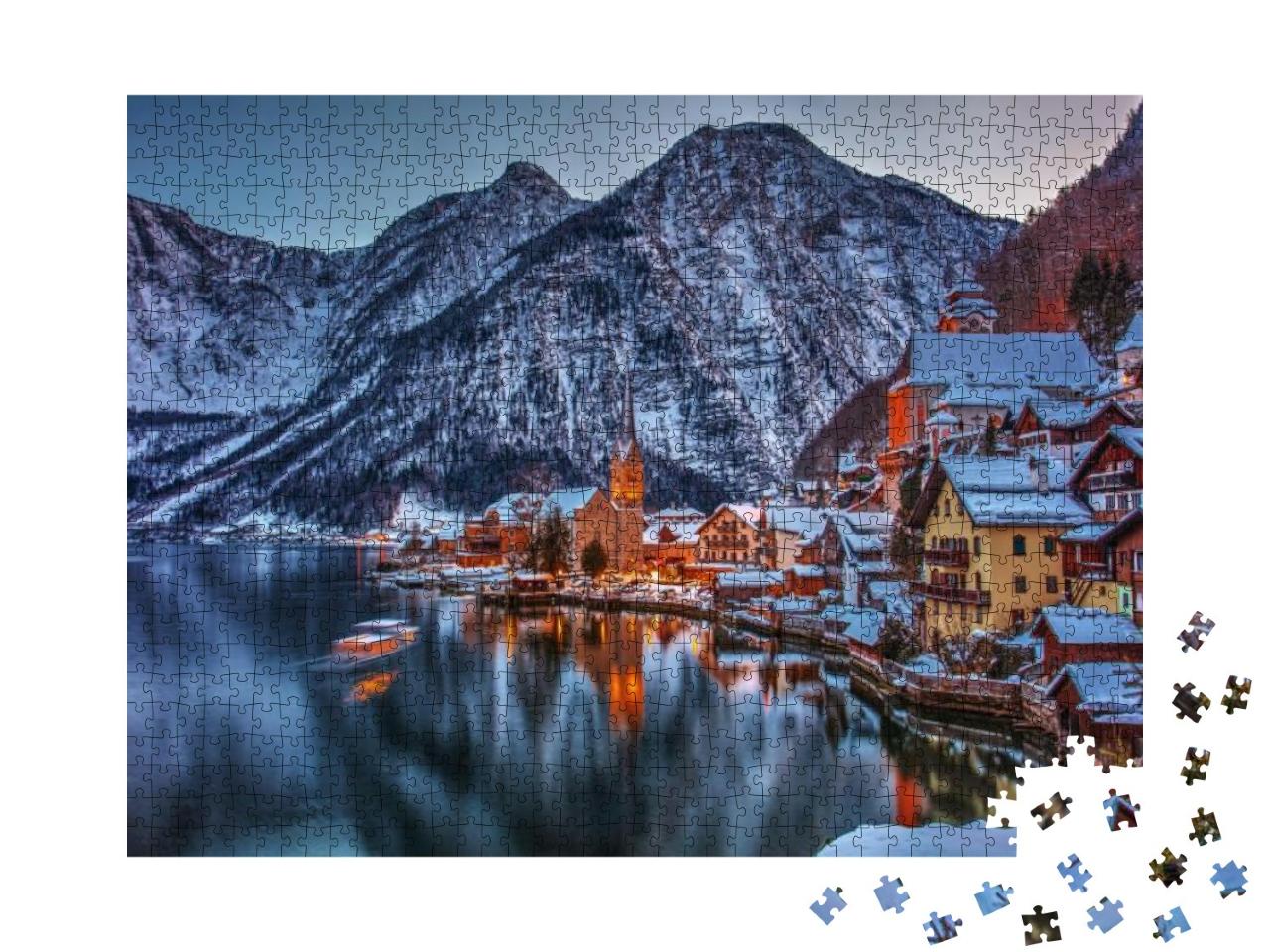 Beautiful Scene with Winter Evening Fairytale Town Hallst... Jigsaw Puzzle with 1000 pieces