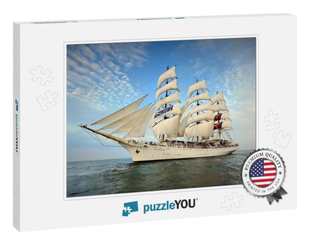 Tall Ship Under Sail with the Shore in the Background... Jigsaw Puzzle