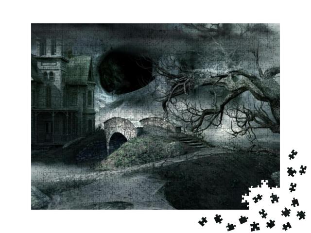 Gothic Scenery with Abandoned House & Creepy Tree. 3D Ill... Jigsaw Puzzle with 1000 pieces