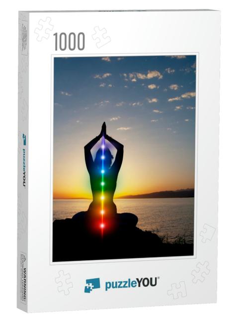 Silhouette of Woman Sits in a Lotus Pose on Beach Sunset... Jigsaw Puzzle with 1000 pieces