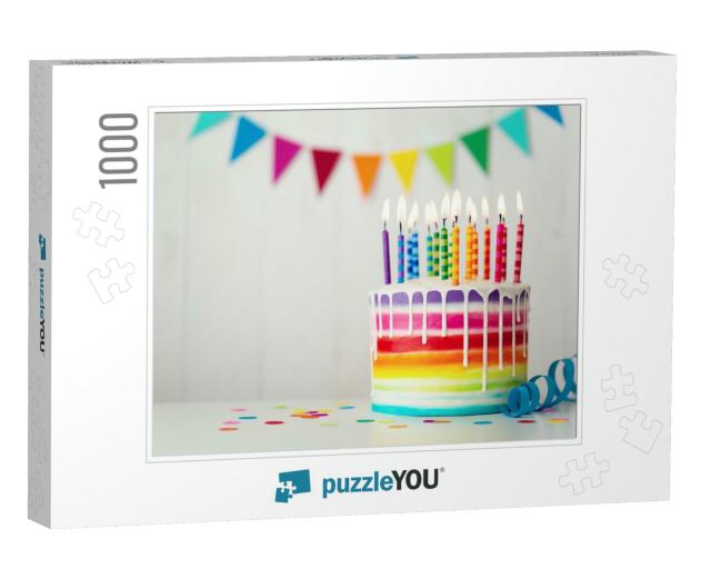 Rainbow Birthday Cake with Colorful Candles & Drip Icing... Jigsaw Puzzle with 1000 pieces