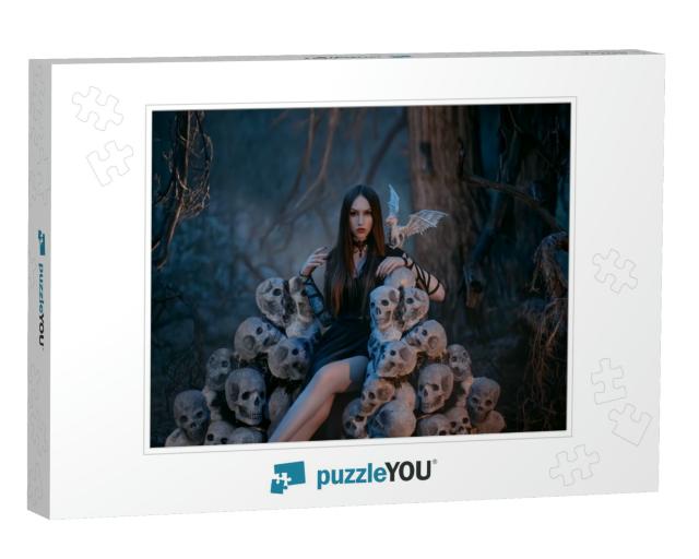 A Beautiful Sexy Vampire Woman Sits on a Throne of the Sk... Jigsaw Puzzle