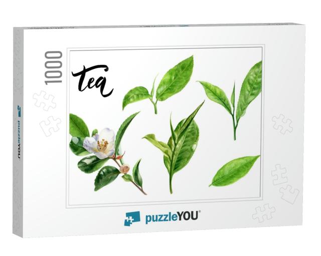 Tea Leaves Watercolor Illustration Isolated on White Back... Jigsaw Puzzle with 1000 pieces