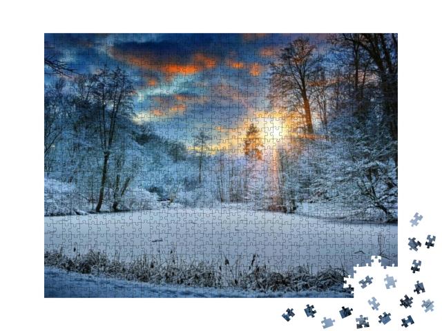 Spectacular Sunset Over Winter Forest Lake... Jigsaw Puzzle with 1000 pieces