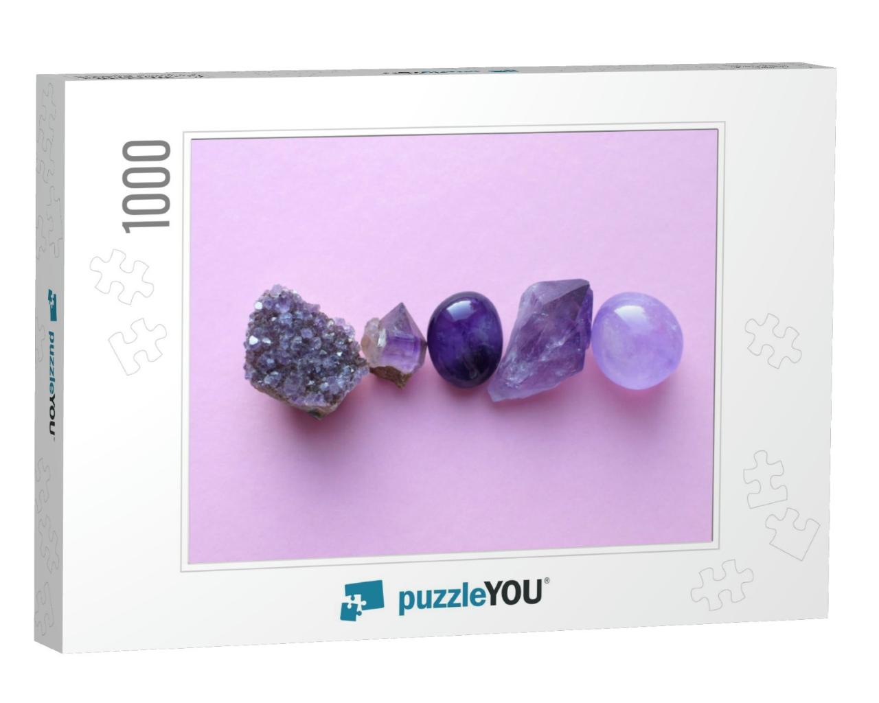 Gemstone Minerals on a Pink Background. Round Tumbling Mi... Jigsaw Puzzle with 1000 pieces