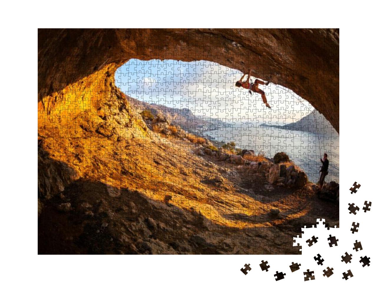 Young Woman Lead Climbing in Cave with Beautiful View in... Jigsaw Puzzle with 1000 pieces