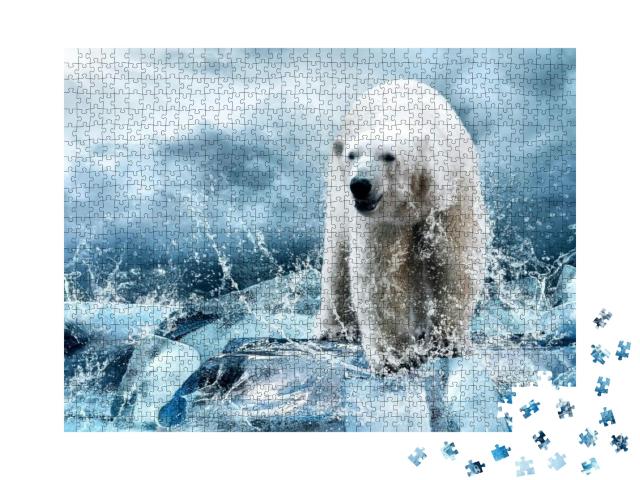 White Polar Bear Hunter on the Ice in Water Drops... Jigsaw Puzzle with 1000 pieces