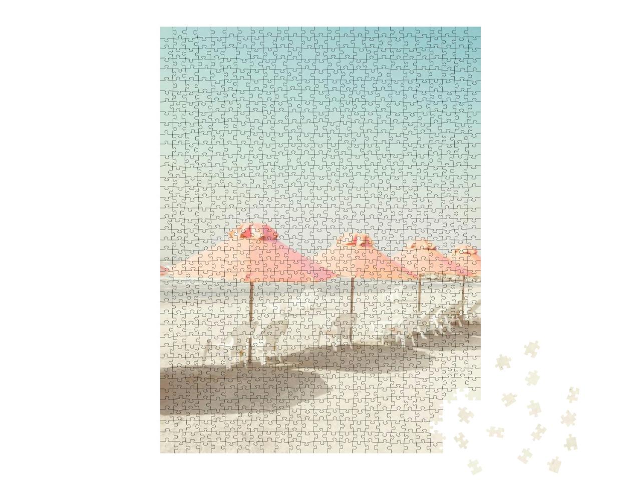 Vintage Summer Beach with Pink Pastel Parasols... Jigsaw Puzzle with 1000 pieces