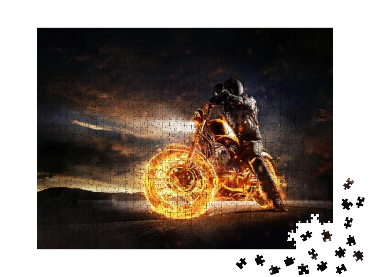 Dark Motorbike Staying on Burning Motorcycle in Sunset Li... Jigsaw Puzzle with 1000 pieces