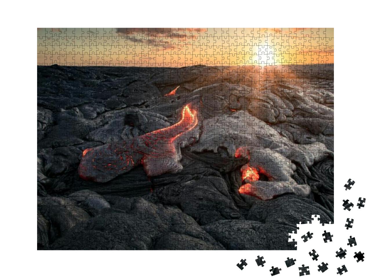 Black Lava Field with Hot Red Orange Lava Flow At Sunset... Jigsaw Puzzle with 1000 pieces