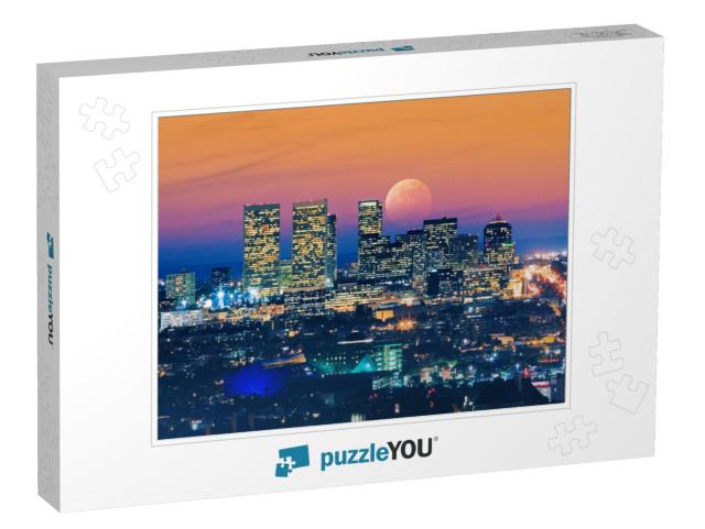 Ful Moon Rising Over Los Angeles Skyline At Dusk. View of... Jigsaw Puzzle