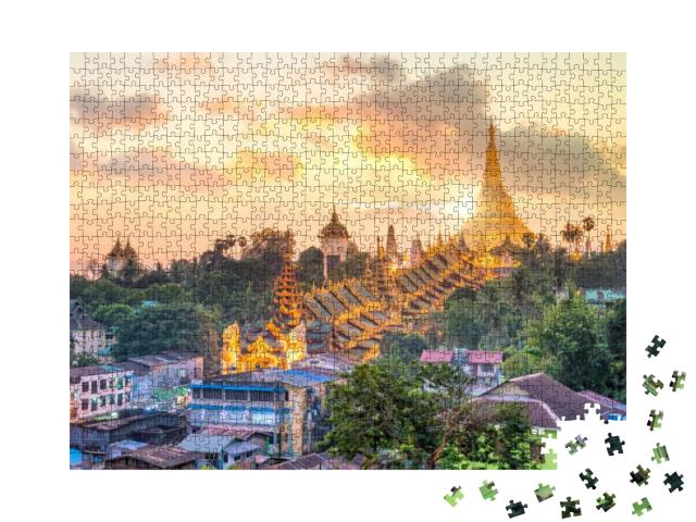 Yangon Skyline with Shwedagon Pagoda in Myanmar At Sunset... Jigsaw Puzzle with 1000 pieces