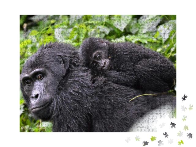 Baby Gorilla Laying on Mums Back in Bwindi Impenetrable F... Jigsaw Puzzle with 1000 pieces