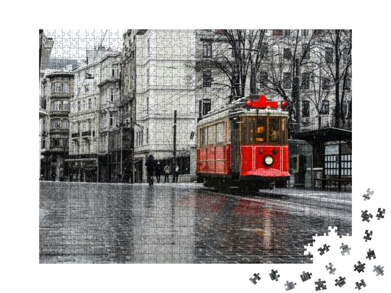 Red Nostalgic Tram is Moving on the Istiklal Street in Wi... Jigsaw Puzzle with 1000 pieces