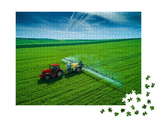 Aerial View of Farming Tractor Plowing & Spraying on Fiel... Jigsaw Puzzle with 1000 pieces