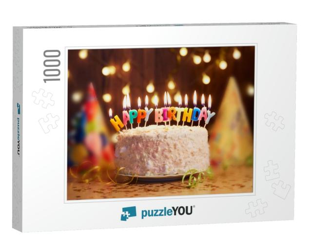 Birthday Cake with Candles, Bright Lights Bokeh... Jigsaw Puzzle with 1000 pieces