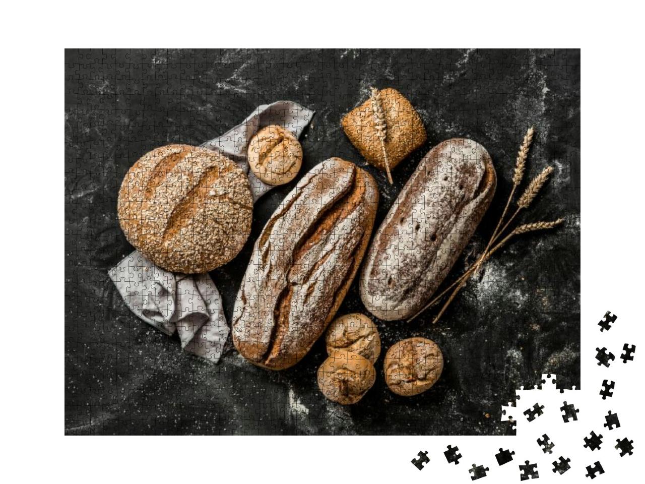 Bakery - Gold Rustic Crusty Loaves of Bread & Buns on Bla... Jigsaw Puzzle with 1000 pieces